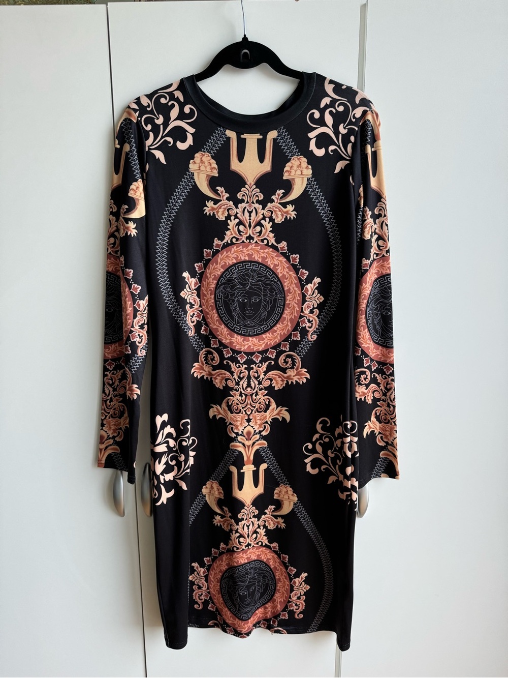 Black & Tan Baroque Print Long Sleeve Bodycon Midi Dress